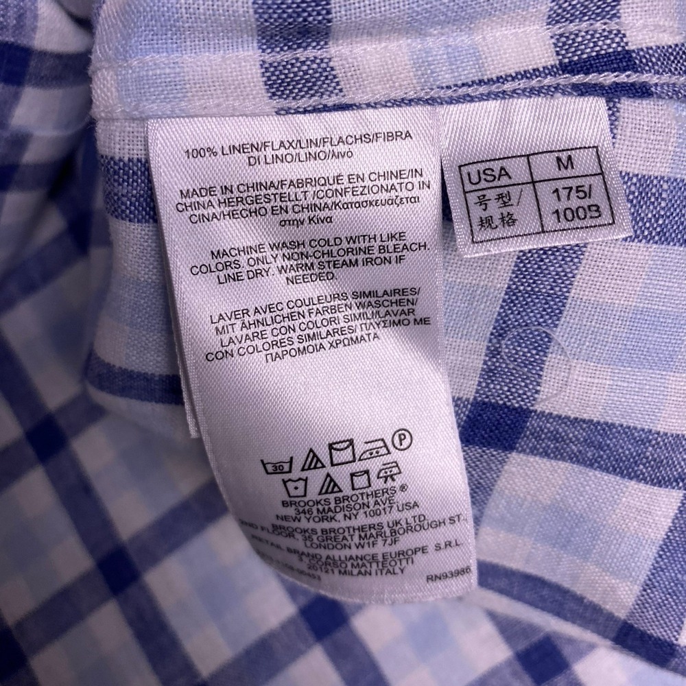 Brooks Brothers 1818 Shirt M Mens S/S Button Down Irish Linen Blue Check VGUC - Picture 9 of 9